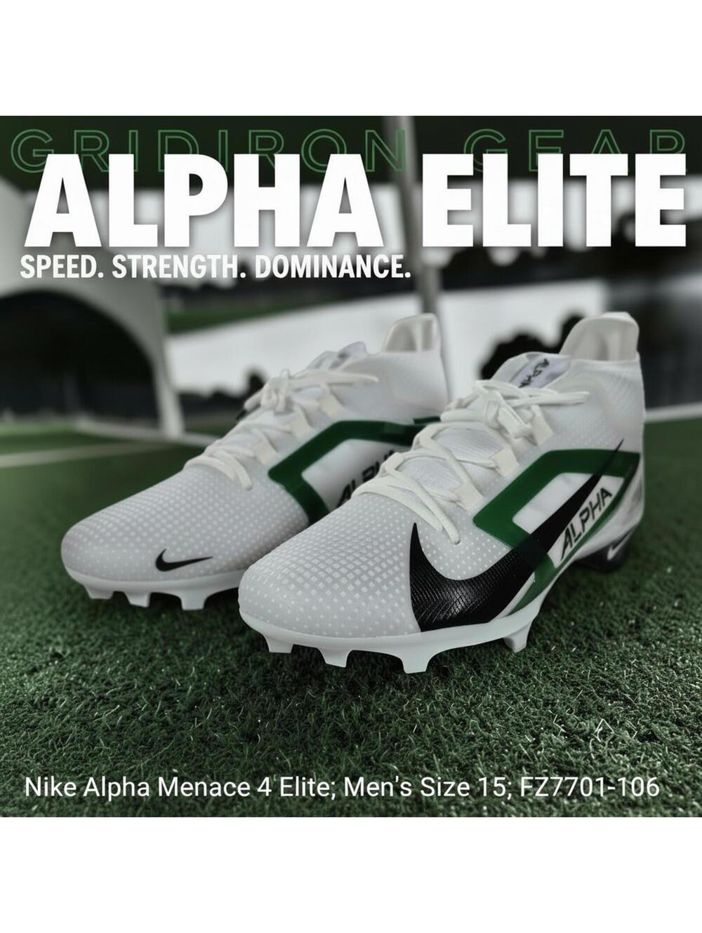 Nike Alpha Menace 4 Elite Football Cleats White Green Size 15 FZ7701-106 NWOT